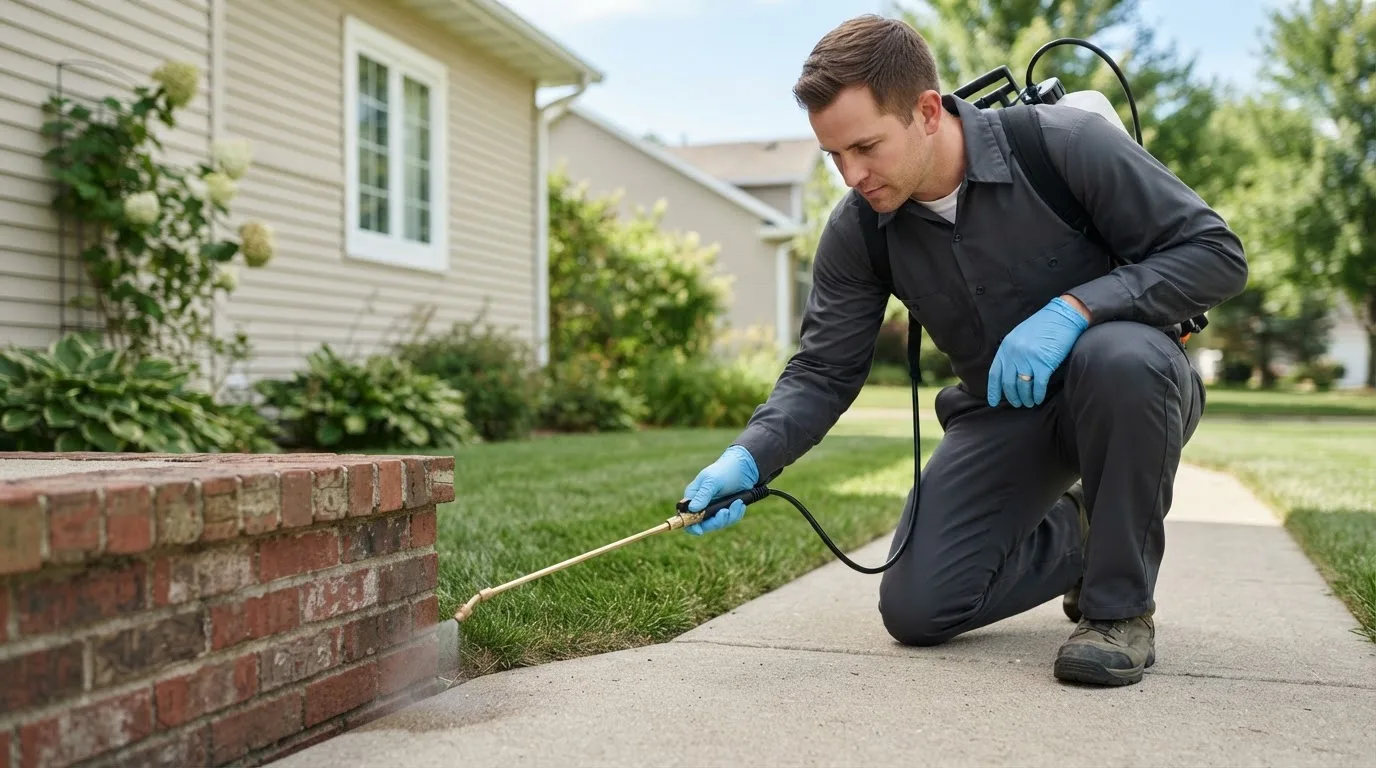 Pest control technician treating a home near Fishers, NY