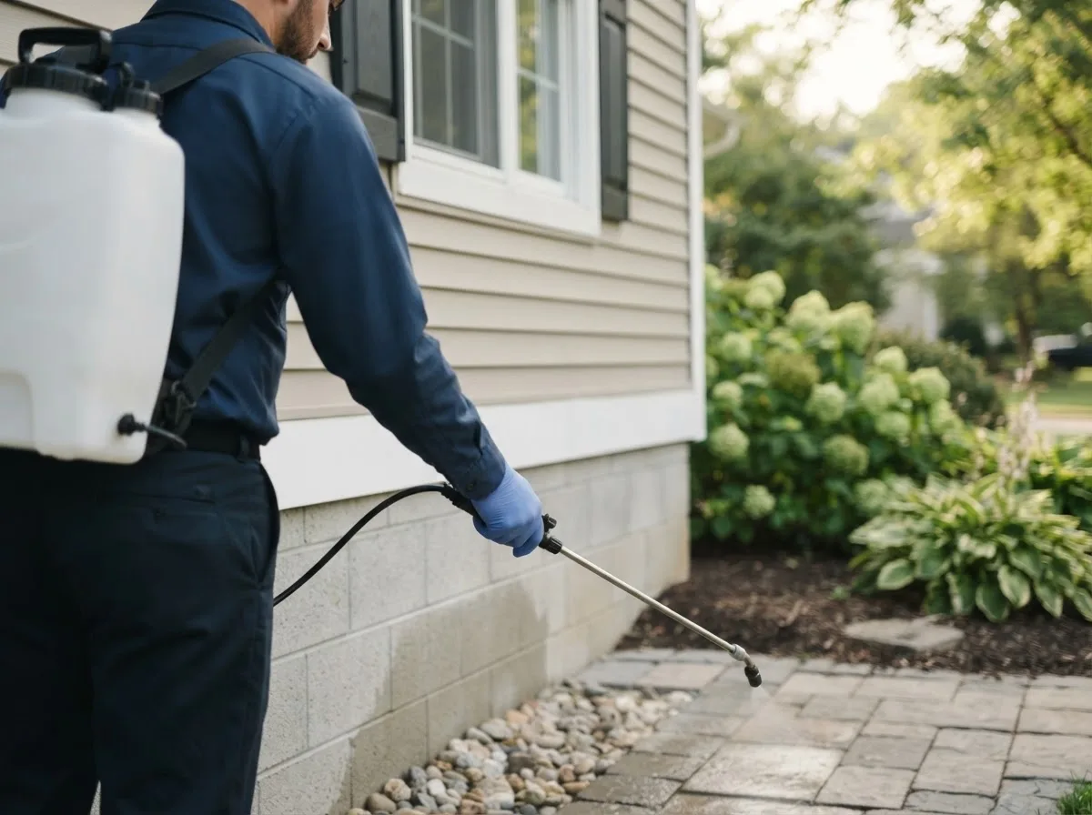 Pest control technician inspecting a home in Fishers, NY